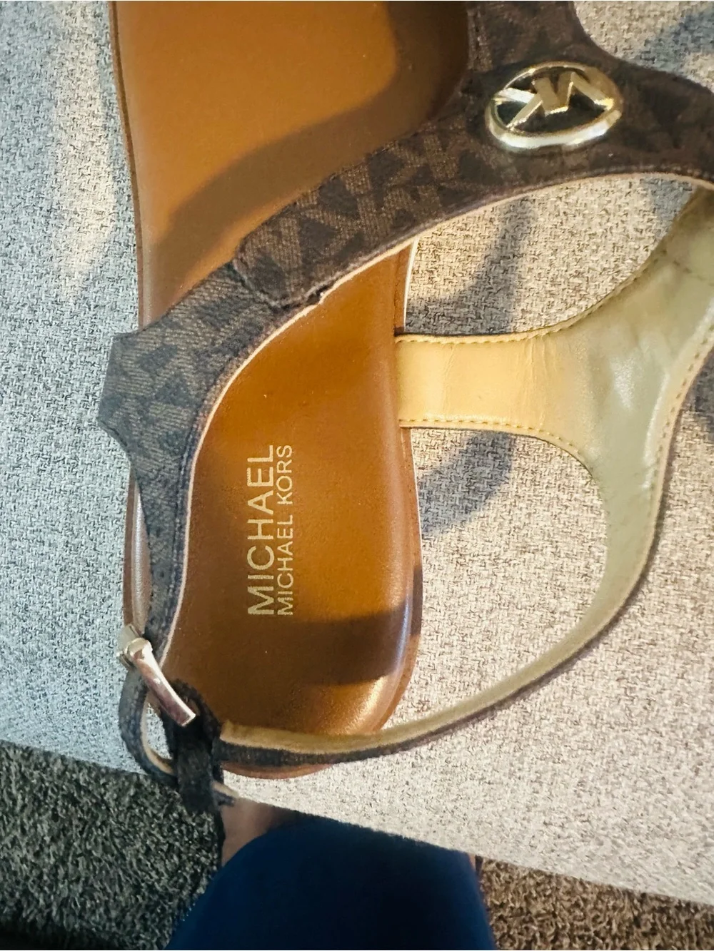 Michael Kors Brown Logo-T Strap Sandals with Tan Accents